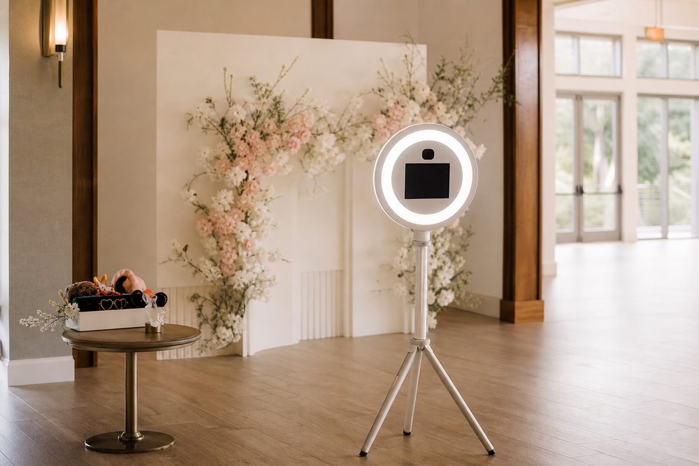 Photo booth set up with backdrop and ring light before guests arrive