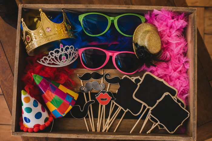 Photo booth props laid out on a table